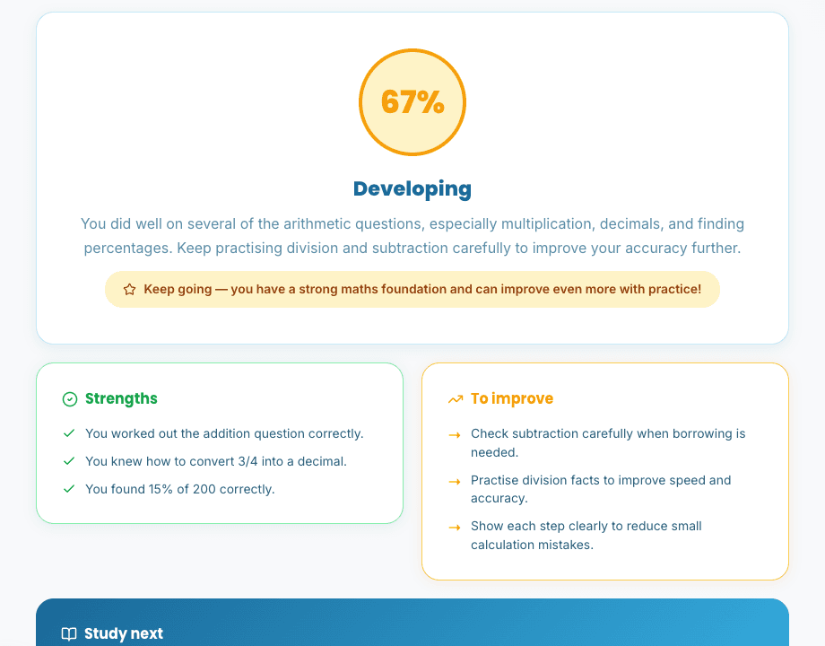 Screenshot of BrightUp's instant paper marking, showing detailed feedback on every question
